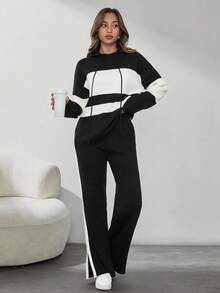 SHEIN Tall Two Tone Drop Shoulder Drawstring Hooded Sweater & Split Hem Knit Pants - Black - View 6