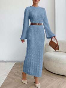 SHEIN Vestido de suéter con patrón de cable para otoño e invierno - Azul - Ver 6