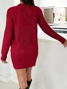 EURMUSE Casual Rib Knit Sweater & Mini Rib Knit Sweater Skirt Co-Ords - Red - View 2