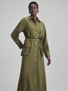 Ontre Urban Chic Style, Minimalist Comfort, Olive Green, Women's Long Dress, Flared Skirt, Stand Collar, Waist Cinched, Patch Pockets, Casual Dress, Relaxed Fit, Autumn Wear, Back To School, Business Casual, Commuter Outfit, 2025 New Arrival Modern Urban Casual Fashion Business Casual Women's Office Wear Low-Key Old Money Style Effortless Temperament High-End Urban Commuting High-Quality Airport Women's Wear High-End Material