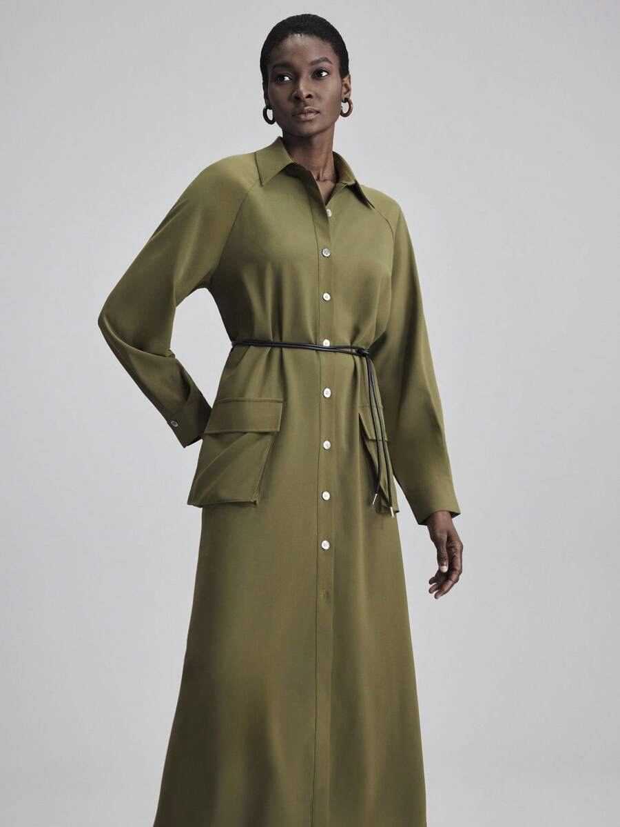 Ontre Urban Chic Style, Minimalist Comfort, Olive Green, Women's Long Dress, Flared Skirt, Stand Collar, Waist Cinched, Patch Pockets, Casual Dress, Relaxed Fit, Autumn Wear, Back To School, Business Casual, Commuter Outfit, 2025 New Arrival Modern Urban Casual Fashion Business Casual Women's Office Wear Low-Key Old Money Style Effortless Temperament High-End Urban Commuting High-Quality Airport Women's Wear High-End Material