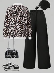 Tween Girl Collared Pullover Printed Long Sleeve Sweatshirt And Cargo Pants Set - Multicolor - View 2