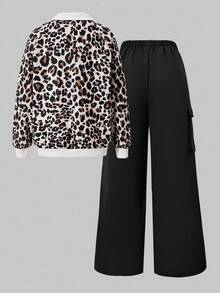 Tween Girl Collared Pullover Printed Long Sleeve Sweatshirt And Cargo Pants Set - Multicolor - View 4