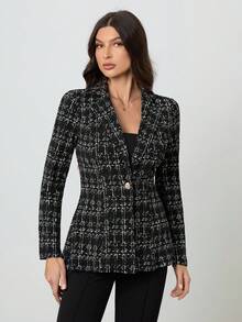 SHEIN Tall 女士休闲优雅格子通勤修身西装外套，秋季 - 黑色 - 查看 4