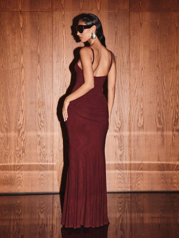 KIZN V Neck Fitted Floor Length Maxi Dress With Side Slit