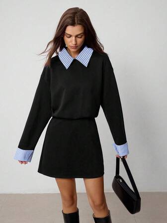 Hanevo Collared Striped Patchwork Long Sleeve Sporty Casual Collegiate Style Dress For Women