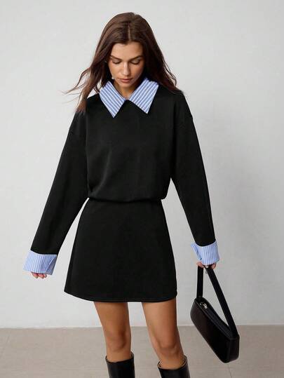 Hanevo Collared Striped Patchwork Long Sleeve Sporty Casual Collegiate Style Dress For Women