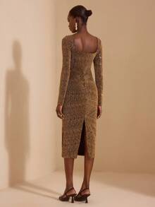 JIAN LASALA Abito midi attillato con scollo quadrato, maniche lunghe e paillettes dorate, abito elegante da donna per feste, abito attillato marrone, abito con paillettes, abito nei toni della terra, collezione di abbigliamento di lusso e di stile