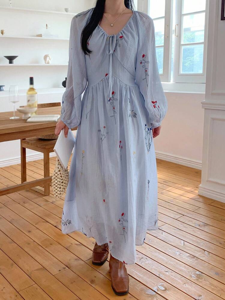 Women's V-Neck Cinched Waist Loose Embroidered Mid-Length Dress Maxi Dress Floral Dresses For Women