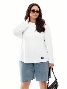 SHEIN EZwear 大码白色圆领长袖宽松休闲 T 恤