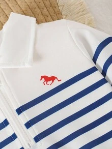 SHEIN 2pcs Boys Casual Blue & White Striped Polo Collar Outfit, Horse Embroidery Top + Elastic Cuff Pants, Autumn/Winter