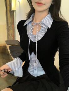 DAZY Women's Striped Patchwork Tie-Up Ruffle Hem Fitted Long Sleeve Casual T-Shirt - Black - View 1