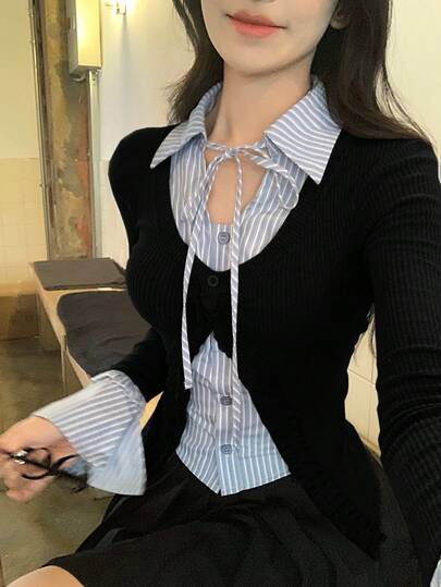 DAZY Women's Striped Patchwork Tie-Up Ruffle Hem Fitted Long Sleeve Casual T-Shirt