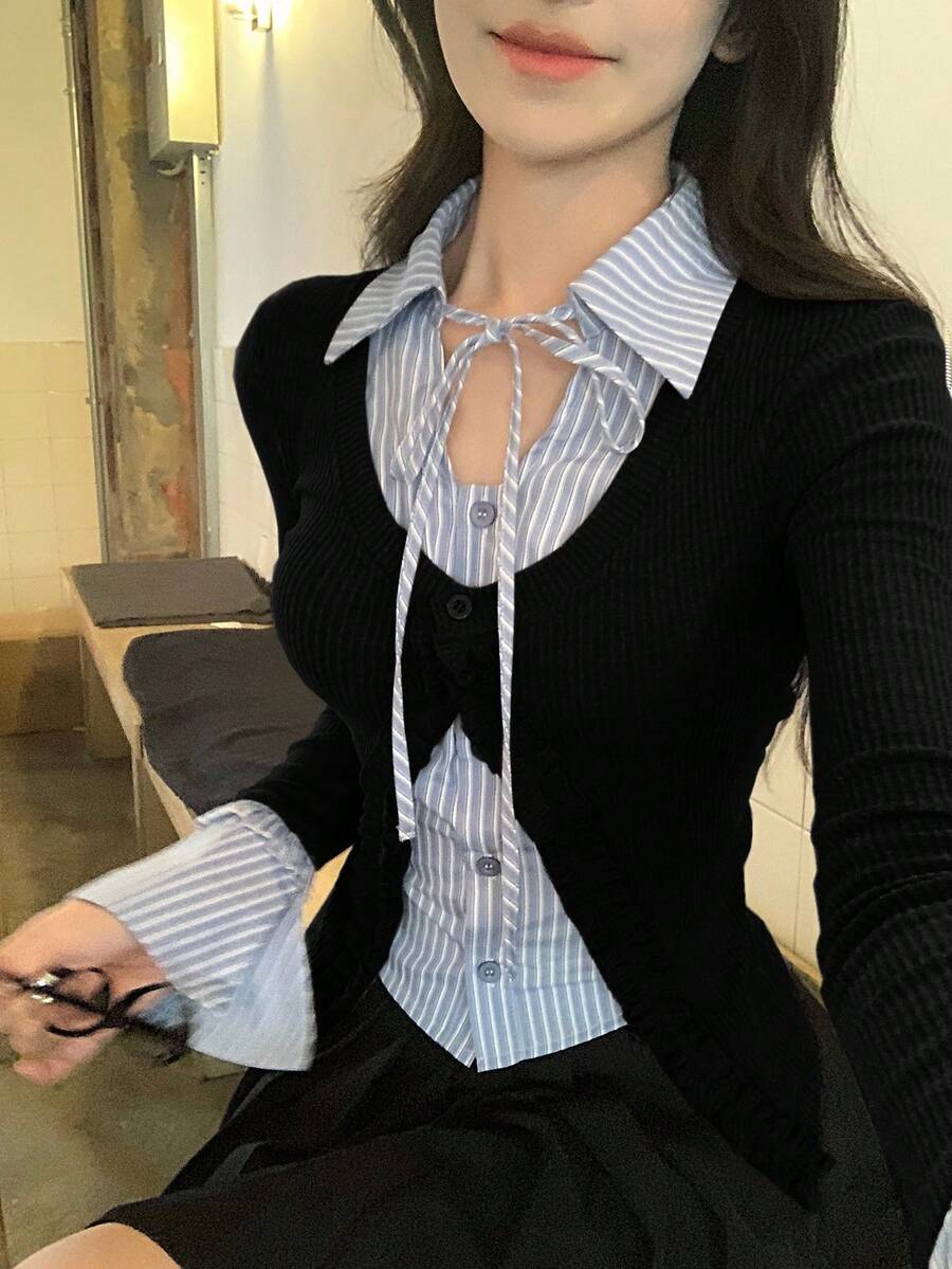 DAZY Women's Striped Patchwork Tie-Up Ruffle Hem Fitted Long Sleeve Casual T-Shirt - Black - View 1