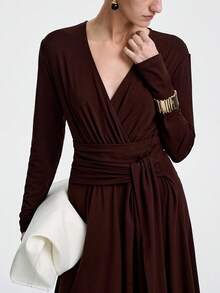 Aalyst Women's Elegant High-End Dark Brown Autumn V-Neck Cinched Waist Maxi Dress, Formal Office Business Casual Wedding Guest Afternoon Tea Dining Long Sleeve Dress - Mocha Brown - View 7