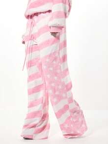 SUMWON WOMEN 美国国旗印花宽腿休闲裤爱国星条纹图案舒适抽绳阔腿裤节日派对服装 - 粉色 - 查看 1