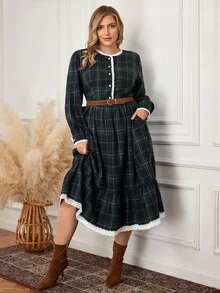 Rosumi Plus Size Women Casual Loose Pocket Plaid Long Sleeve Dress, Elegant Dresses For Women, Dresses For Women Long Sleeve, Dresses For Women Casual, Autumn/Winter,2025 New, - Dark Green - View 7