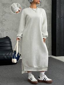 SHEIN EZwear 大码宽松长款保暖内衬休闲运动衫裙，秋冬 - 淺灰色 - 查看 1