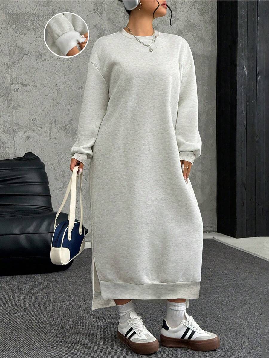 SHEIN EZwear 大码宽松长款保暖内衬休闲运动衫裙,秋冬 - 淺灰色 - 查看 1
