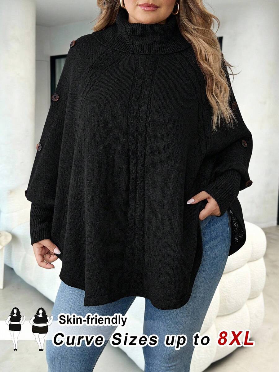 SHEIN CURVE+ Plus Size Solid Color Turtleneck Loose Knit Poncho Sweater In Fall/Winter - Black - View 1