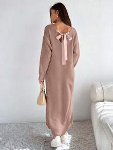 SHEIN Cottnline Satin Ribbon Detail On Back Dress Elegant Cute Simple Casual Street - Pink - View 4