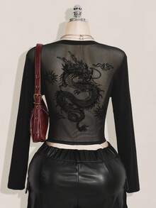 SHEIN ICON Women's Plus Size Solid Color Long Sleeve Chinese Dragon Mesh Open Back Y2K Millennial Style Sexy Street Avant-Garde Fashion Bold Slim Black T-Shirt/Fall/Winter