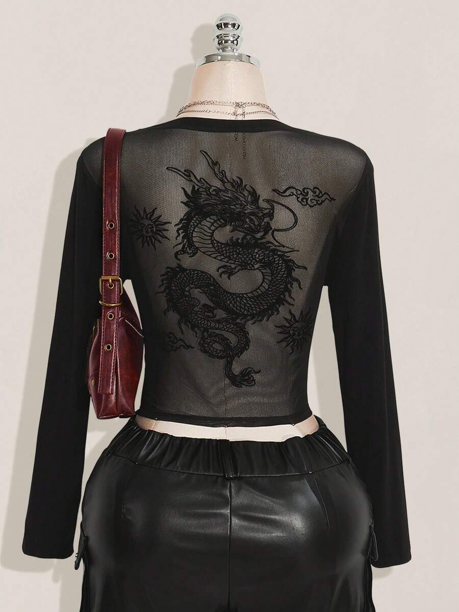 SHEIN ICON Women's Plus Size Solid Color Long Sleeve Chinese Dragon Mesh Open Back Y2K Millennial Style Sexy Street Avant-Garde Fashion Bold Slim Black T-Shirt/Fall/Winter