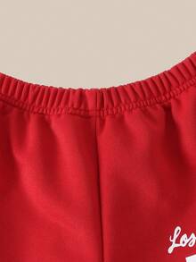 SHEIN Casuvi Kids Young Girl's Red 2 Pieces Set: Casual And Stylish Preppy V-Neck Sweatshirt With "79" And Los Angeles Pattern & Crew-Neck Sweatshirt With Wide-Leg Trousers, Suitable For Autumn And Winter - Red - View 12