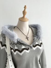Flirla Women's Casual Geometric Pattern Hooded Sweater With Fur Collar Christmas - Multicolor - View 5