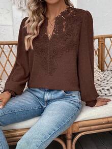 SHEIN LUNE Plus Size Women Elegant Minimalist Floral Collar Splice Solid Color Long Sleeve Shirt - Brown - View 6