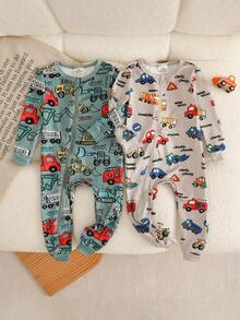 2pcs/Set Baby Boy Autumn/Winter Knit Playful Digger, Crane, Truck Print Colorblock Jumpsuit, Long Sleeve Jumpsuit - Multicolor - View 6