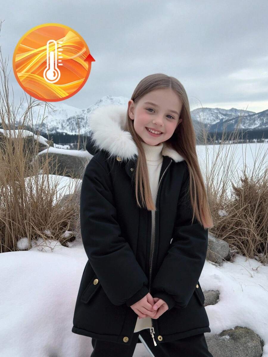 SHEIN 女童加厚派克大衣，时尚连帽，仿皮草领，拉链开合，腰部抽绳，口袋，百搭，适合秋冬 - 黑色 - 查看 1