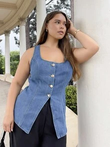 Nezia Cruz 女式方领单排扣无袖休闲牛仔上衣