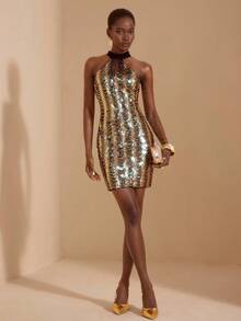 JIAN LASALA Wavy Sequin Halter Bodycon Mini Dress Women Elegant Party Dress Luxury Stylish Clothing Collection Sequence Dress Special Occasion Dress Metallic Dresses For Women Gold And Black Dress Women Gold Sequin Dress Sequin Dress Chain Dress Graphic Dress - Black and Gold - View 2