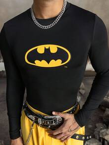 BATMAN X SHEIN Men's Casual Bat Print Round Neck Long Sleeve T-Shirt, Autumn Compression Shirt Mens Rashguard