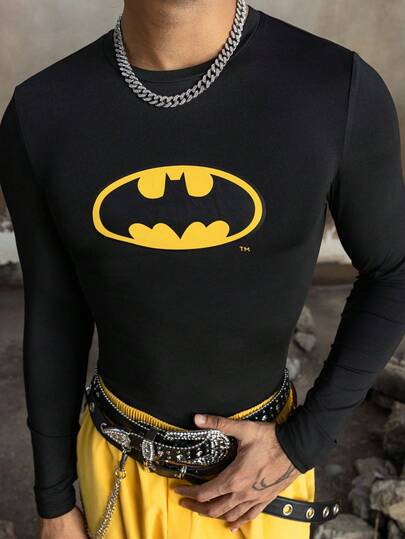 BATMAN X SHEIN Men's Casual Bat Print Round Neck Long Sleeve T-Shirt, Autumn Compression Shirt Mens Rashguard