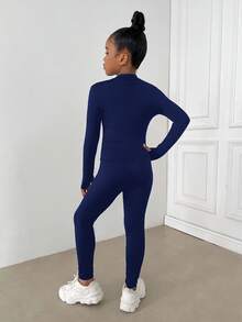 Tween Girl Black Mock Neck Zip-Up Knit Activewear Set With Leggings, Sports Set, Athleisure Set, Jogging Outfit - Navy Blue - View 2