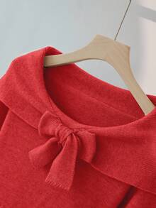 Franclia Women's Minimalist Fashion Collar Bowknot Open Shoulder Long Sleeve Solid Color Knit Pullover Sweater - Red - View 3