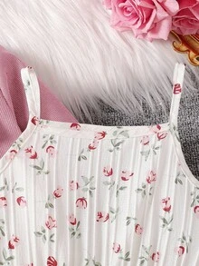 SHEIN Elladie kids 2件組少女夏季時尚翻領長袖外套與鬆緊腰花卉印花吊帶洋裝，親子款休閒度假穿搭 - 粉色 - 查看 6