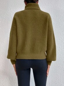 Celisse Sweater Pullover Kasual Longgar Lengan Panjang Kerah Tinggi Bahu Jatuh Warna Polos untuk Wanita, Musim Gugur/Dingin - Perunggu - View 2