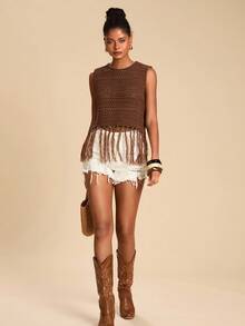 Travachic Women's Vacation Casual Hollow Out Fringe Hem Knit Top, Crochet Top Women, Tassel Top, Going Out Outfits, Casual Style, Summer Beach Outfits,