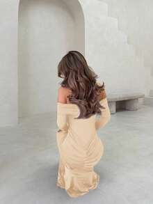 Jemour Đầm Maxi Tay Dài Hở Vai Kỳ Nghỉ Hè Khách Dự Tiệc Cưới Sang Trọng, Kỳ Nghỉ, Dễ Thương Bãi Biển Ibiza Đêm Thu Khách Dự Tiệc Cưới, Sang Trọng, Đêm Hẹn Hò, - Kem - Xem 2