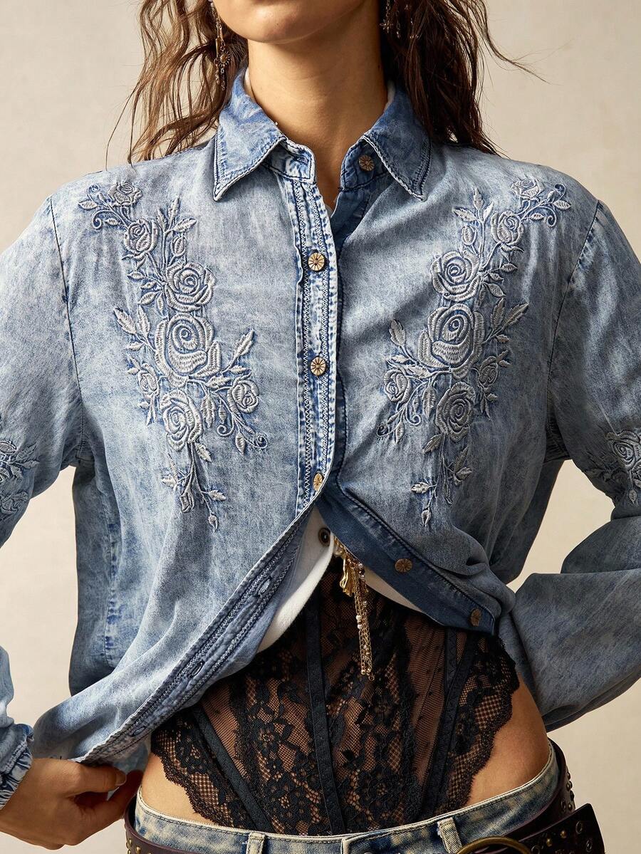 Bohemela 休闲纯色牛仔水洗刺绣翻领长袖宽松女式衬衫 - 藍色 - 查看 1