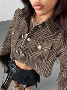 SHEIN Unity Jaket Wanita Wol Gaya Retro Streetwear Terbaru Musim Gugur/Dingin, Dekorasi Metal Kelas Atas - Coklat - View 6