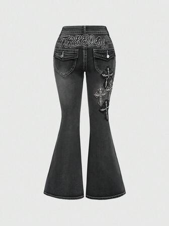 J-Fashion Jeans a vita super bassa a zampa con ricamo a croce e lettera per donna