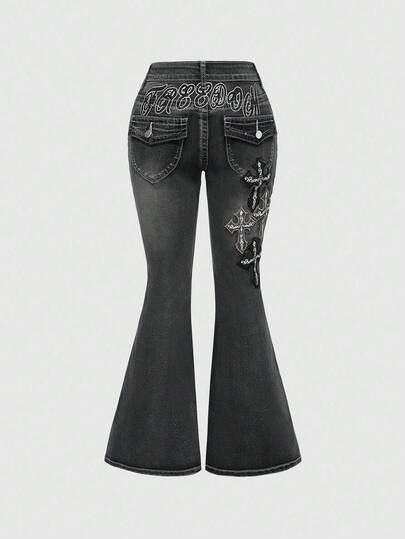 J-Fashion Damen Kreuz & Buchstaben bestickte Jeans mit extra tiefer Taille und Weitung