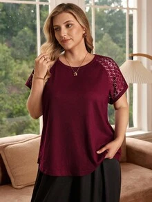 Rosumi Plus Size Women's Early Spring Short Sleeve Lace Patchwork Wine Red T-Shirt, Summer For Women, Vacation - Burgundy - View 1
