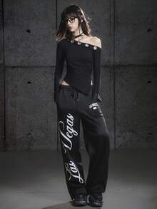 Bloopia 复古朋克摇滚性感叛逆时尚个性百搭女式秋冬万圣节新款金属环不对称肩领腰部不对称下摆开衩修身喇叭袖衬衫 - 黑色 - 查看 5