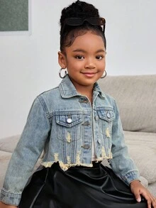 Young Girl' Y2k Retro Blue Denim Ripped Short Jacket,Fall Clothes,Winter Clothing ,Casual And Fashionable Vacation Outfits,Street Wear,2000s Style ,Christmas Denim Jacket,Vintage Clothes Kid