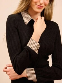 lacRébo Vintage Black Rib Knit Mini Dress With Contrast Printed Collar And Cuff,Elegant Office,Autumn Spring Back-To-School Style - Black - View 7